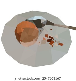 A vector illustration of low poly-styled cracked egg on small plate in white background