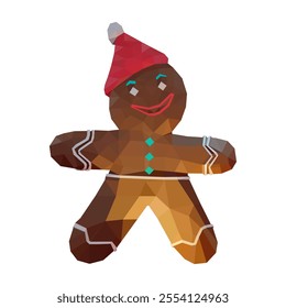 A vector illustration of low poly-styled gingerbread wearing Santa Claus hat in white background