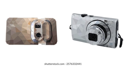 A vector illustration of low poly-styled pocket digital cameras in white background