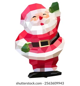 A vector illustration of low poly-styled Santa Claus raising his left hand in white background