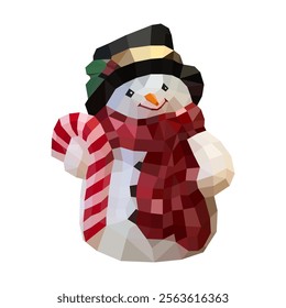 A vector illustration of low poly-styled snowman holding Christmas candy cane in white background