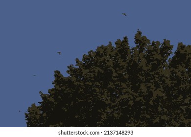 Vector illustration in a low range of color tones. Illustration of a leafy crown of trees, the sky and birds flying around. Environment.