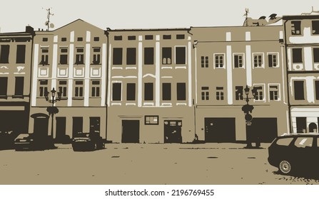 Vector illustration in low range color palette. Buildings built next to each other. Buildings on the square. City central square. silhouettes of street lights and cars. City exterior, street.