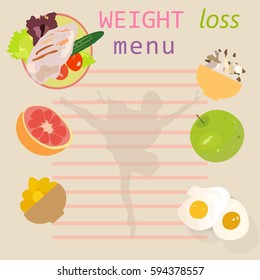  Vector illustration low-calorie 'Menu for weight loss' on the label, and slim girl, healthy low-calorie food: fruits, vegetables, chicken, cereals