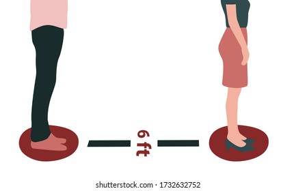 Vector illustration of the lower body of a man and woman in a line or queue standing in marked circles 6 feet apart with a sign. Great for social distancing banner, advertisement, poster or promotion.