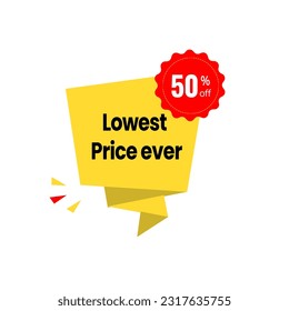 Vector illustration of a 'Lowest Price Ever' banner in vibrant yellow and red, designed to grab attention and promote special offers.