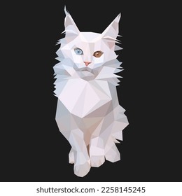 Vector illustration of low-poly polygonal cat body. White Maine Coon cat breed with different color eyes is sitting. Isolated on black.  Veterinary, shop, children, kids, print concept.