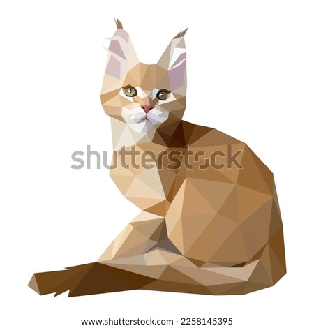 Vector illustration of low-poly polygonal cat body. Ginger Maine Coon cat breed is sitting. Isolated on white.  Veterinary, shop, children, kids, print concept.