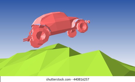 Vector illustration in low-polygonal style depicting an abstract pink buggy jumping over green hill