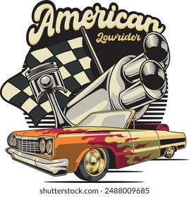 Vector Illustration of Lowrider Car, Exhaust, Piston and Racing Flags with Vintage Illustration Available for Tshirt Design