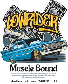 Vector Illustration of Lowrider Car, Exhaust and Piston with Vintage Illustration Available for Tshirt Design