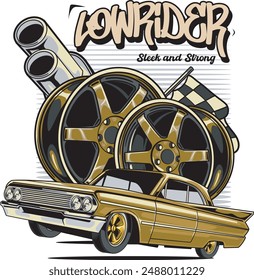 Vector Illustration of Lowrider Car, Exhaust, Racing Flags and Rims with Vintage Illustration Available for Tshirt Design