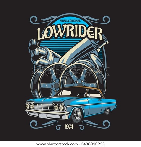 Vector Illustration of Lowrider Car, Exhaust and Rims with Vintage Illustration Available for Tshirt Design