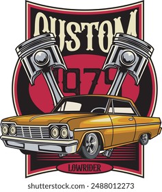 Vector Illustration of Lowrider Car and Piston with Vintage Illustration Available for Tshirt Design