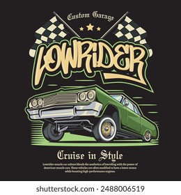 Vector Illustration of Lowrider Car and Racing Flags with Vintage Illustration Available for Tshirt Design