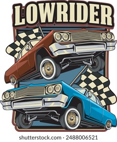 Vector Illustration of Lowrider Car and Racing Flags with Vintage Illustration Available for Tshirt Design