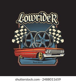 Vector Illustration of Lowrider Car, Racing Flags and Rims with Vintage Illustration Available for Tshirt Design