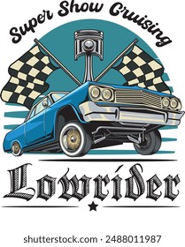 Vector Illustration of Lowrider Car, Racing Flags and Piston with Vintage Illustration Available for Tshirt Design