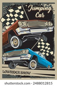 Vector Illustration of Lowrider Car and Racing Flags with Vintage Illustration Available for Poster