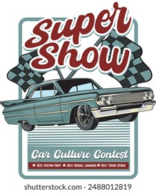 Vector Illustration of Lowrider Car and Racing Flags with Vintage Illustration Available for Poster