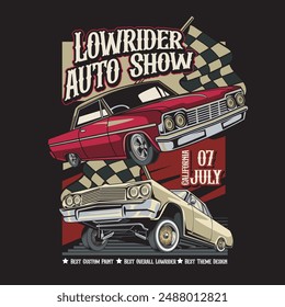 Vector Illustration of Lowrider Car and Racing Flags with Vintage Illustration Available for Poster