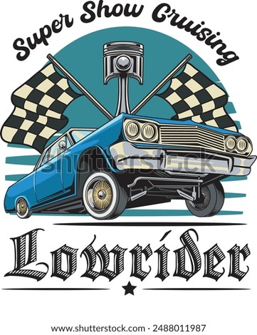 Vector Illustration of Lowrider Car, Racing Flags and Piston with Vintage Illustration Available for Tshirt Design