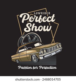 Vector Illustration of Lowrider Car and Rims with Vintage Illustration Available for Poster