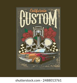 Vector Illustration of Lowrider Car, Skulls, Piston and Racing Flags with Vintage Illustration Available for Poster