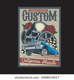 Vector Illustration of Lowrider Car, Skulls, Rims and Racing Flags with Vintage Illustration Available for Poster