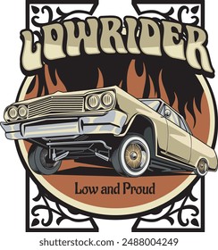 Vector Illustration of Lowrider Car with Vintage Illustration Available for Tshirt Design