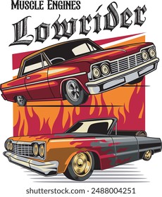 Vector Illustration of Lowrider Car with Vintage Illustration Available for Tshirt Design