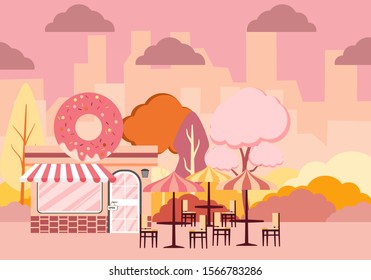 Vector Illustration Of A Low-rise Landscape Design Of A City Outside With A Donut Shop And A Tree Bench Label With Delicious Donuts With Glaze.Vector Illustration .