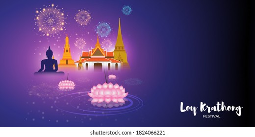 Vector illustration of Loy Krathong festival banner, thailand festival, thailand famous buildings, buddha festival, lotus in water with incense sticks, beautiful fireworks in background.