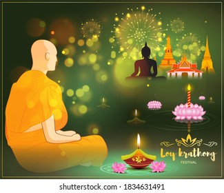 Vector illustration of Loy Krathong festival banner, thailand festival, buildings, lotus with incense sticks and candle, monk, fireworks on beautiful bokeh background.