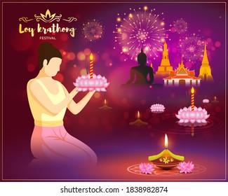 Vector illustration of Loy Krathong festival banner, thailand festival, thailand famous buildings, buddha festival, lotus in water with incense sticks, beautiful fireworks in background.