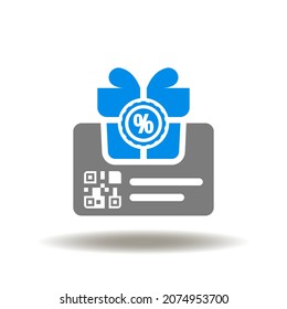 Vector illustration of loyalty customer card with qr code and gift box with percent coin. Symbol of loyalty program. Icon of customer bonuses and benefits.