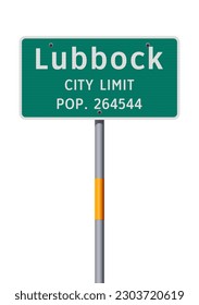 Vector illustration of the Lubbock (Texas) City Limit green road sign on metallic pole