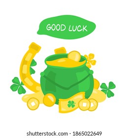Vector illustration of luck objects. Pot of leprechaun's gold vector illustration. Coins, four leaf clovers, fortune cookies, pot of gold, golden horseshoe. Luck symbols illustration.