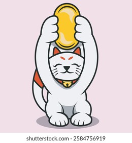 vector illustration of lucky cat icon lifting gold pieces. premium vector icon. flat vector design
