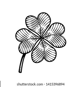 Vector illustration of lucky four-leaf clover in vintage engraving style; black and white, isolated on white background.