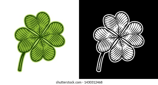 Vector illustration of lucky four-leaf clover in vintage engraving style; color and black and white versions, isolated on white and black background.