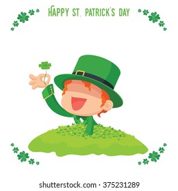 Vector illustration of Lucky Leprechaun Found a Four-Leaf Clover in Clover Field for St. Patrick's Day Greeting Card