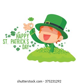 Vector illustration of Lucky Leprechaun Found a Four-Leaf Clover in Clover Field for St. Patrick's Day Greeting Card
