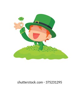 Vector illustration of Lucky Leprechaun Found a Four-Leaf Clover in Clover Field for St. Patrick's Day

