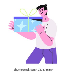 Vector illustration of lucky man winning a gift or a present isolated on a white background. The concept of bonus or special offer, promotional marketing. Male character for banner and advertisment.