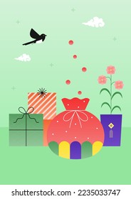 Imagen vectorial de un bolsillo con suerte y regalos de vacaciones coreanos.