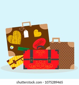 Vector illustration with luggage - bags and suitcases.