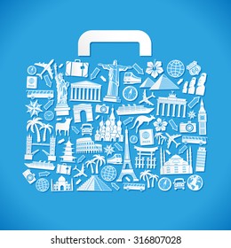 Vector Illustration of a luggage composed of travel icons and famous monuments