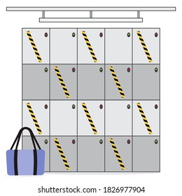 Vector illustration Luggage storage. New normal after COVID-19 pandemic. Baggage room with safe lockers. Cells for storage. Reducing risk of infection, prevention measures. Design for web, print