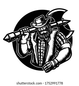 Ilustración vectorial de un Cowboy Lumberjack con Ax, Hat, Jacket, Flannel en el fondo blanco. Para el diseño del logotipo de mascota en la ilustración moderna. Capa separada Para el logotipo de la camiseta (VERSIÓN BLANCA-NEGRA)